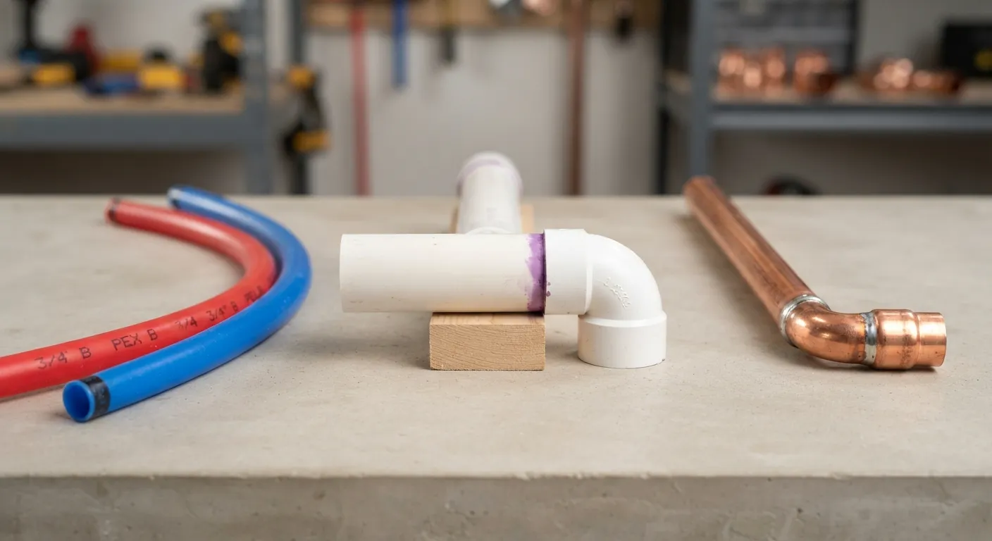 Side-by-side comparison of PEX, PVC, and copper plumbing pipes showing color, material, and structural differences.