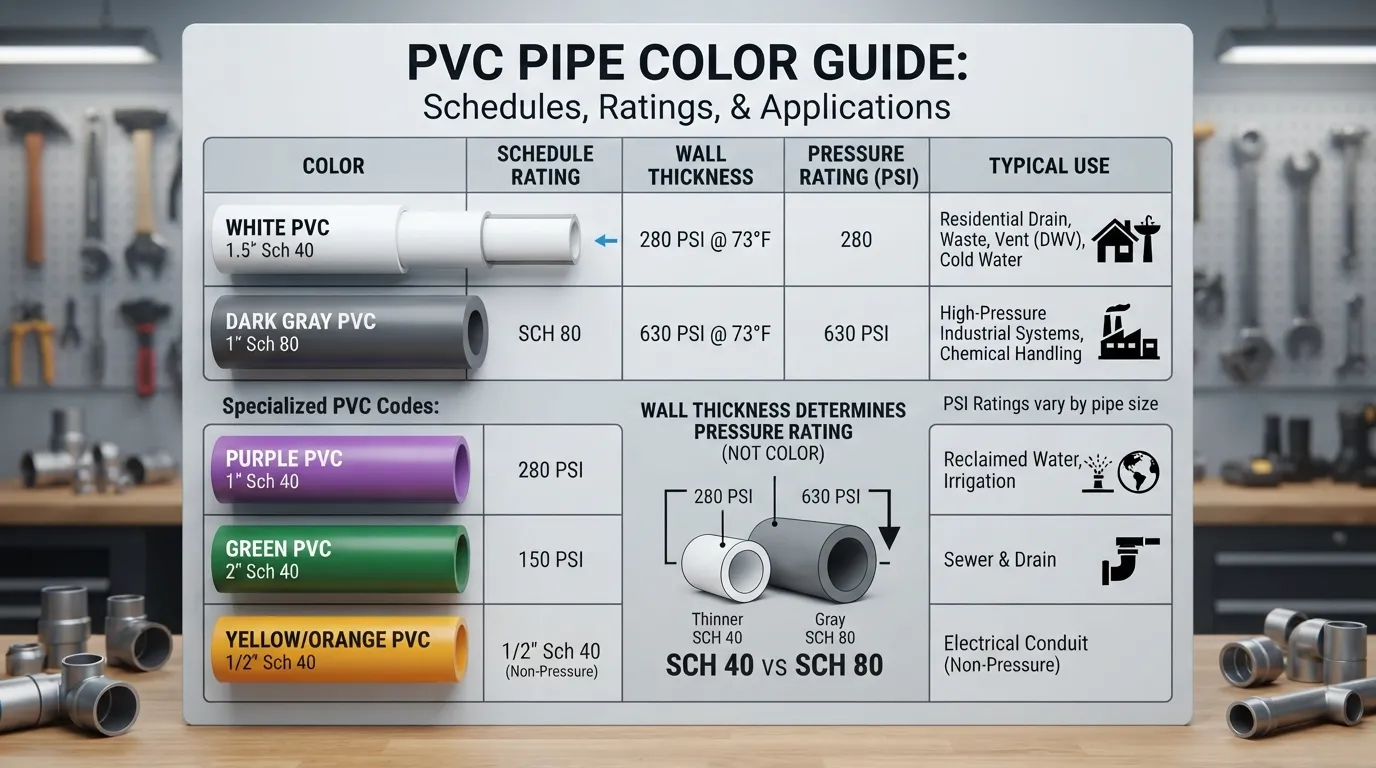 A detailed guide displaying different colors and wall schedule types of PVC pipes used for plumbing and drainage systems.