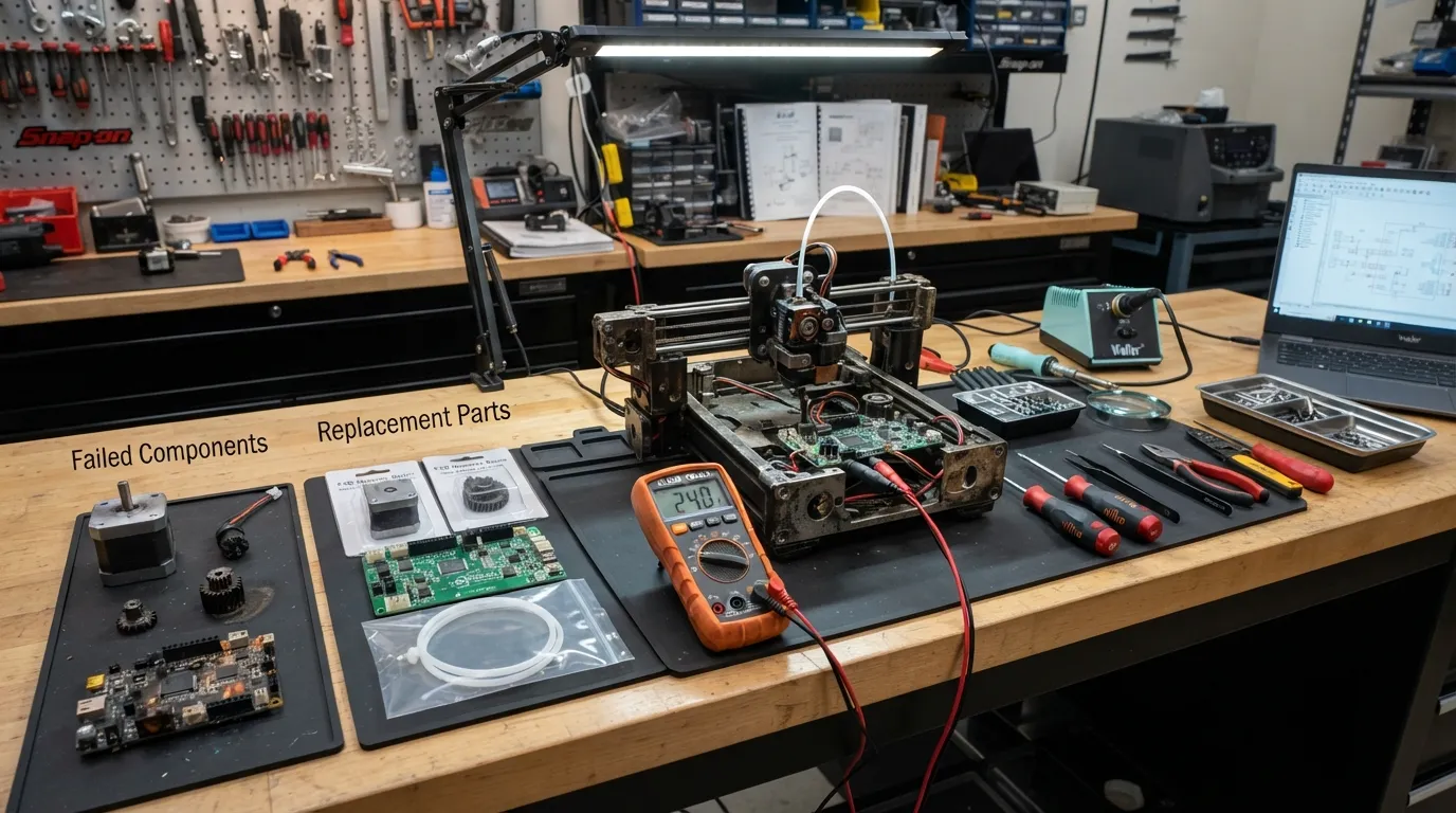 Close-up photo of a mechanic troubleshooting and repairing broken mechanical or appliance parts on a workbench surrounded by tools and replacement components.
