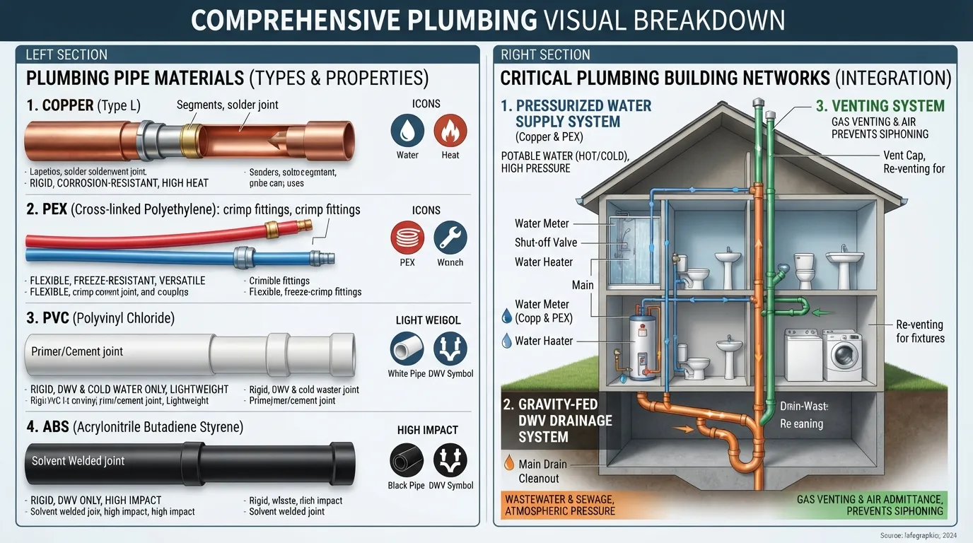 Infographic illustrating the difference between plumbing pipe materials like copper and PEX versus plumbing systems including water supply, DWV drainage, and venting.