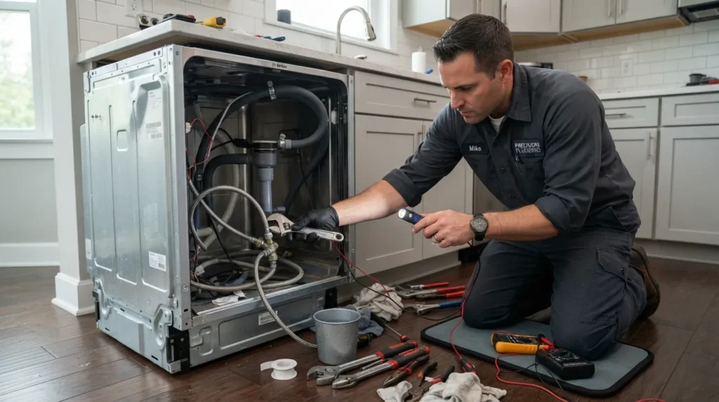 Professional plumber inspecting and repairing the water supply and drainage connections underneath a modern kitchen dishwasher.