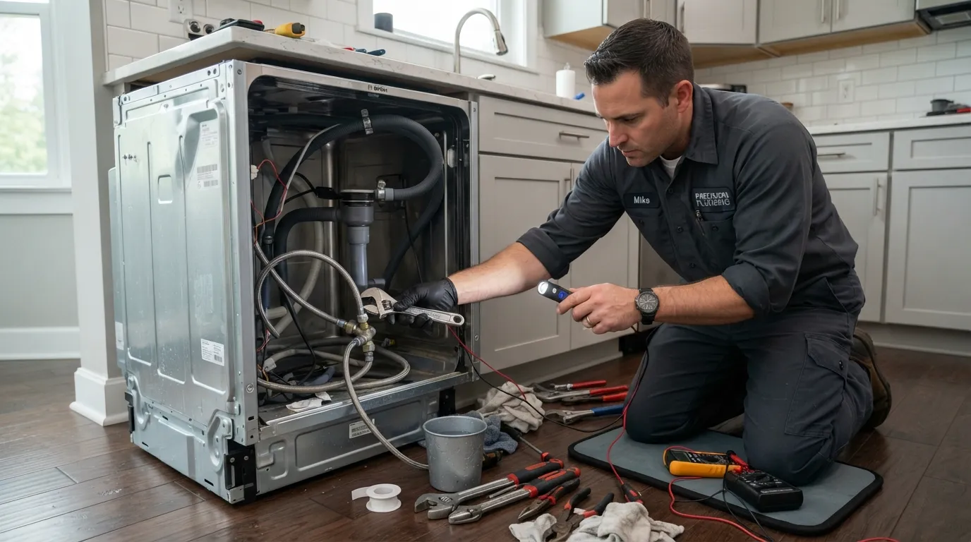 Professional plumber inspecting and repairing the water supply and drainage connections underneath a modern kitchen dishwasher.