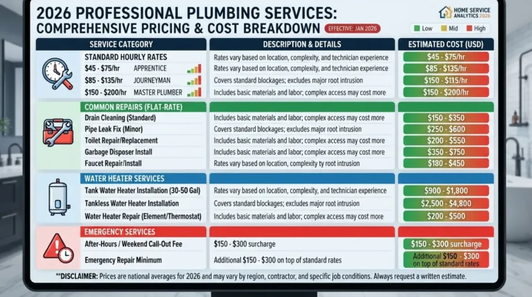 Detailed infographic chart comparing average plumber hourly rates, emergency service fees, and common repair costs in 2026.