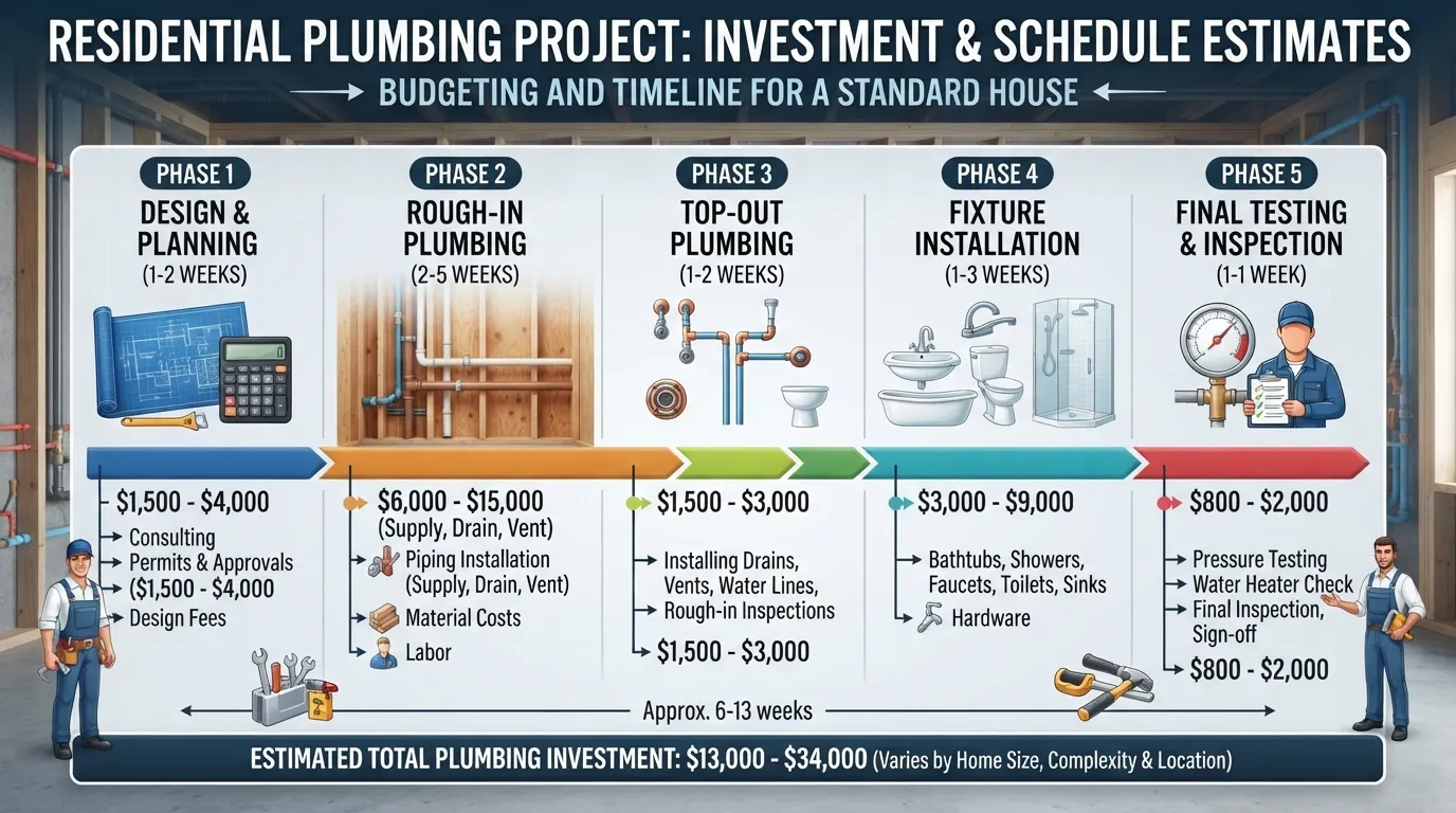 Infographic displaying estimated plumbing costs and project timelines for a residential house construction or renovation.

