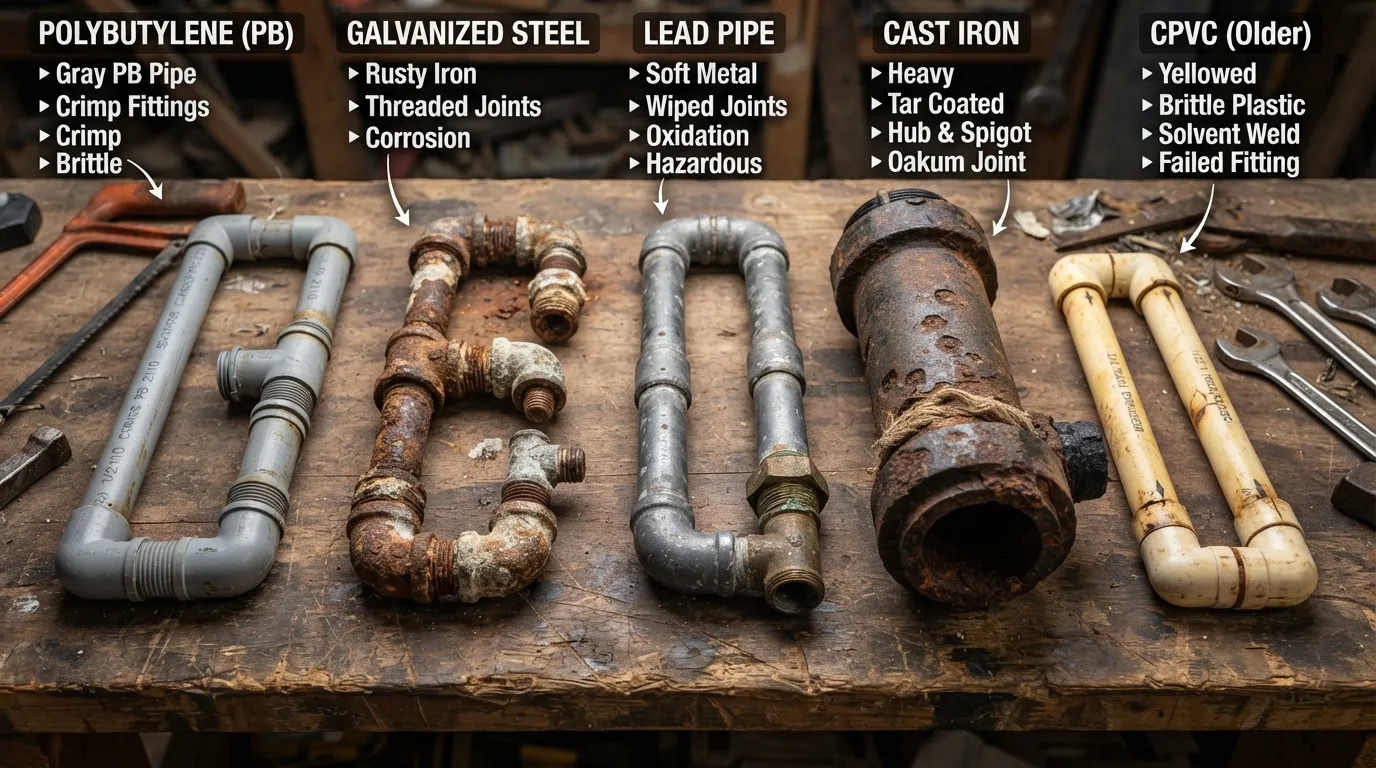 An informational display showcasing outdated plumbing pipes and obsolete fittings like lead, polybutylene, and galvanized steel used in older homes.