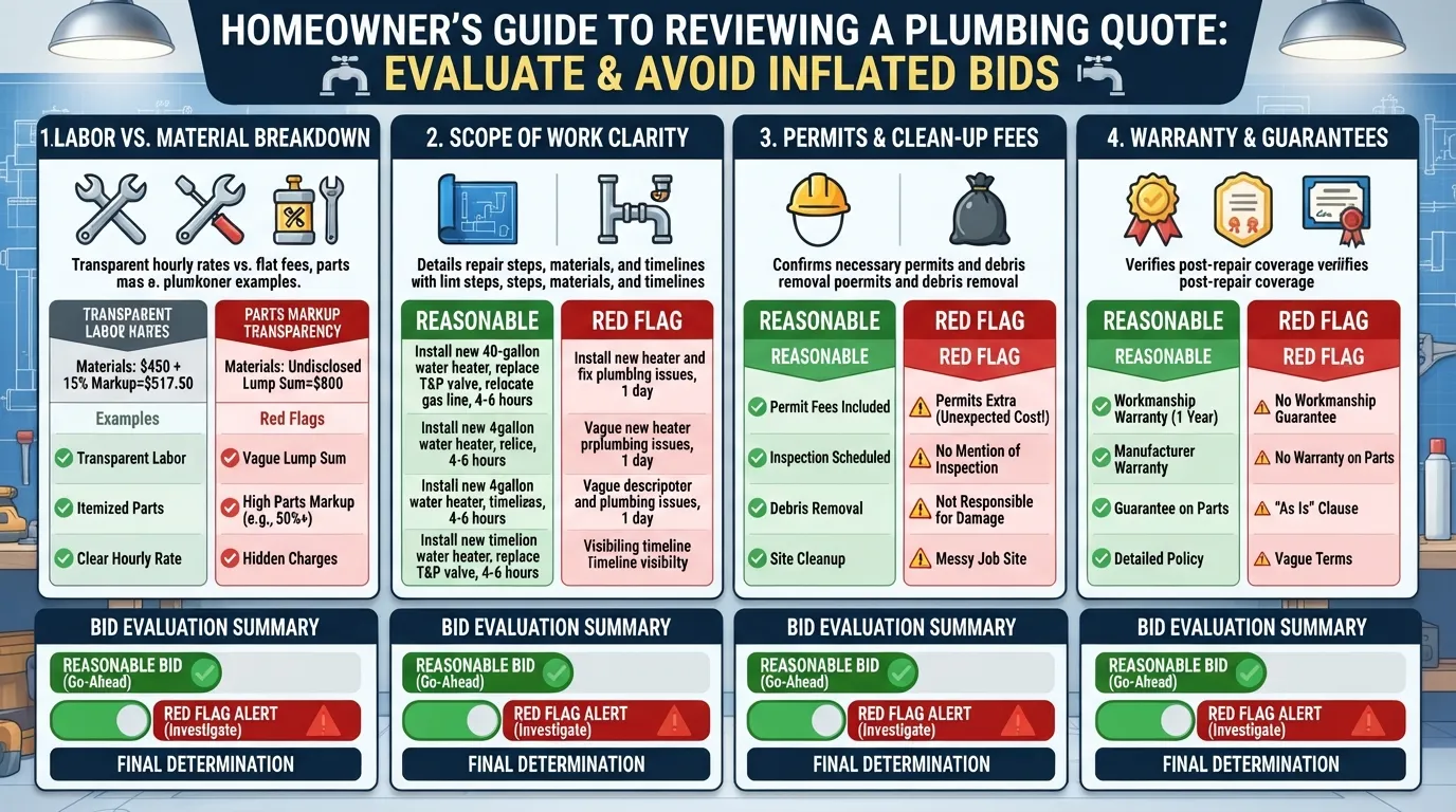 A detailed homeowner's checklist outlining items to evaluate a plumbing cost estimate, including labor rates, material breakdown, and warranty details.