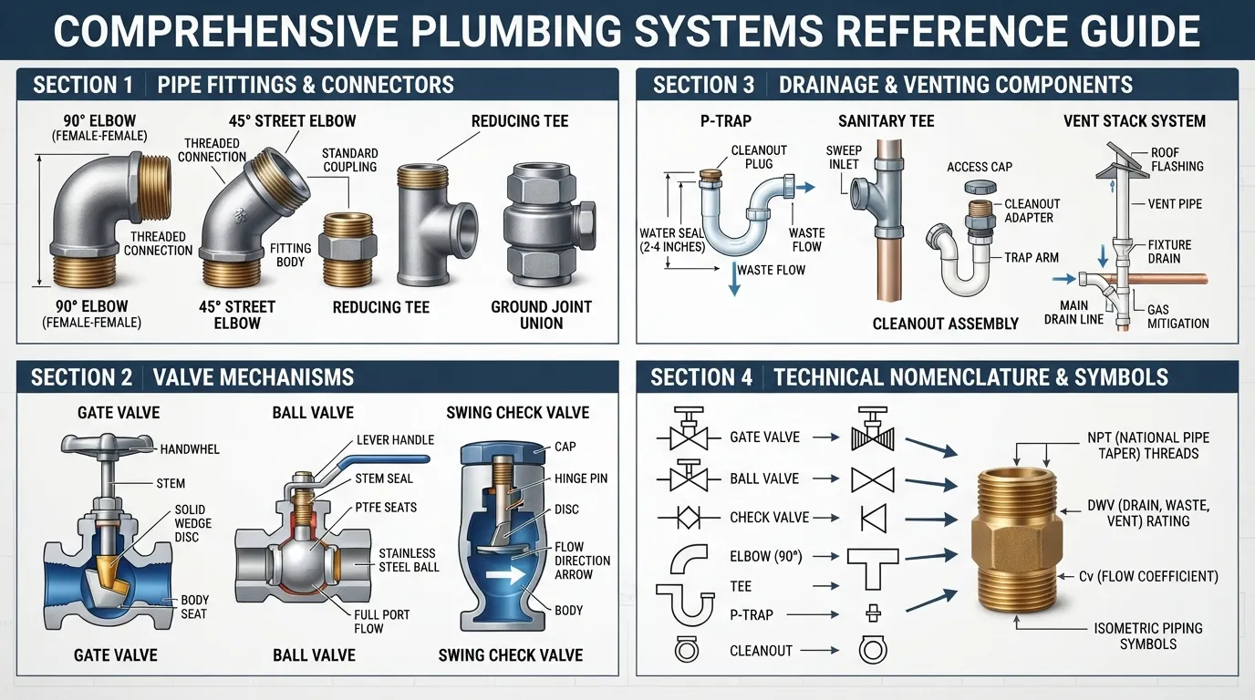Comprehensive technical reference diagram illustrating key plumbing terms, pipe fittings, valve types, and drainage components for advanced troubleshooting.