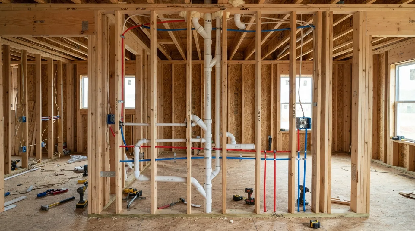Construction site diagram showing rough-in plumbing pipes installed inside framing studs before drywall installation.