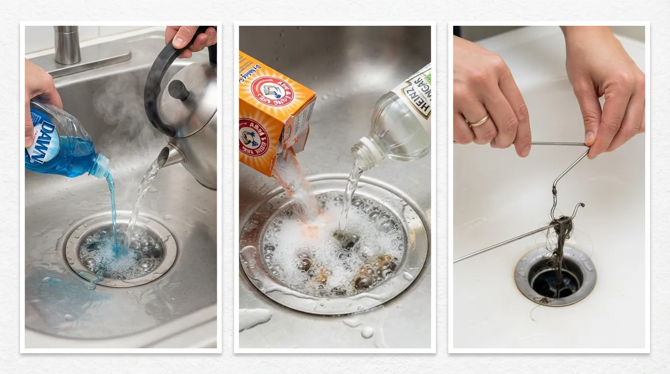 A visual guide showing three practical plunger alternatives: using a bent wire hanger to pull debris, pouring a baking soda and vinegar mixture, and flushing the drain with hot water and liquid dish soap.