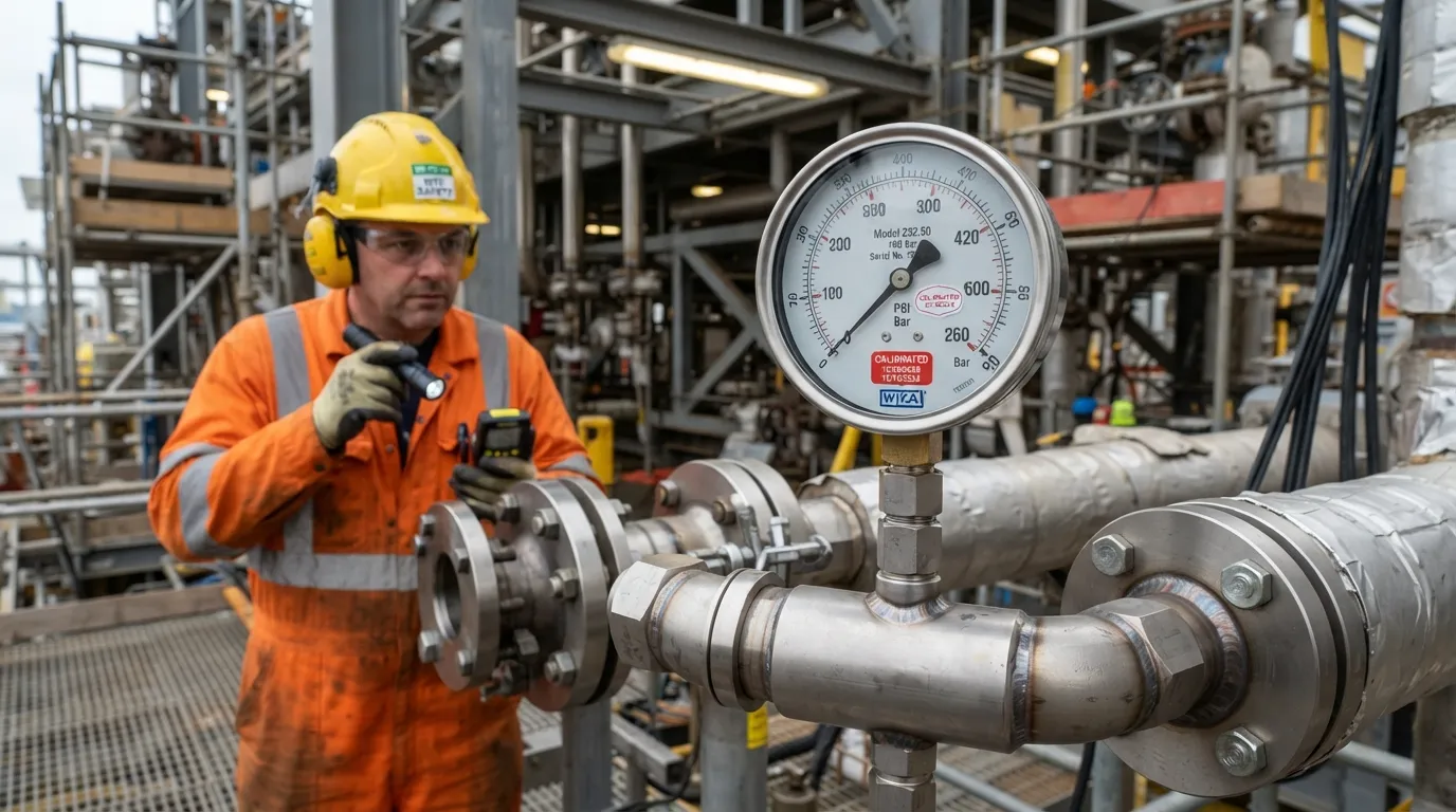 A technician conducting a pressure test on an industrial pipeline system, showcasing pressure gauges and safety equipment.