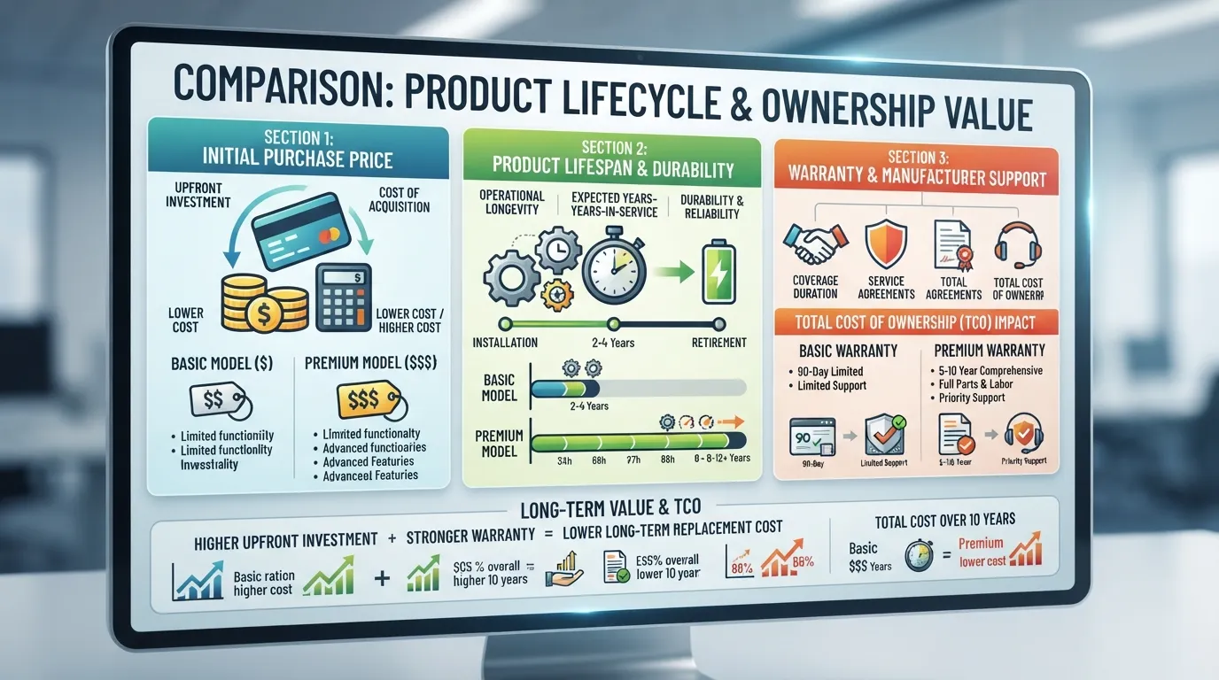 Infographic comparing purchase price, expected lifespan, and warranty coverage to show the total cost of ownership.