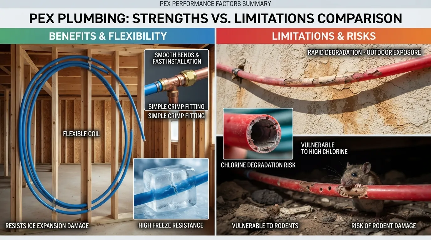 Comparison showing the flexibility and advantages alongside UV degradation and chemical vulnerabilities of PEX plumbing pipe