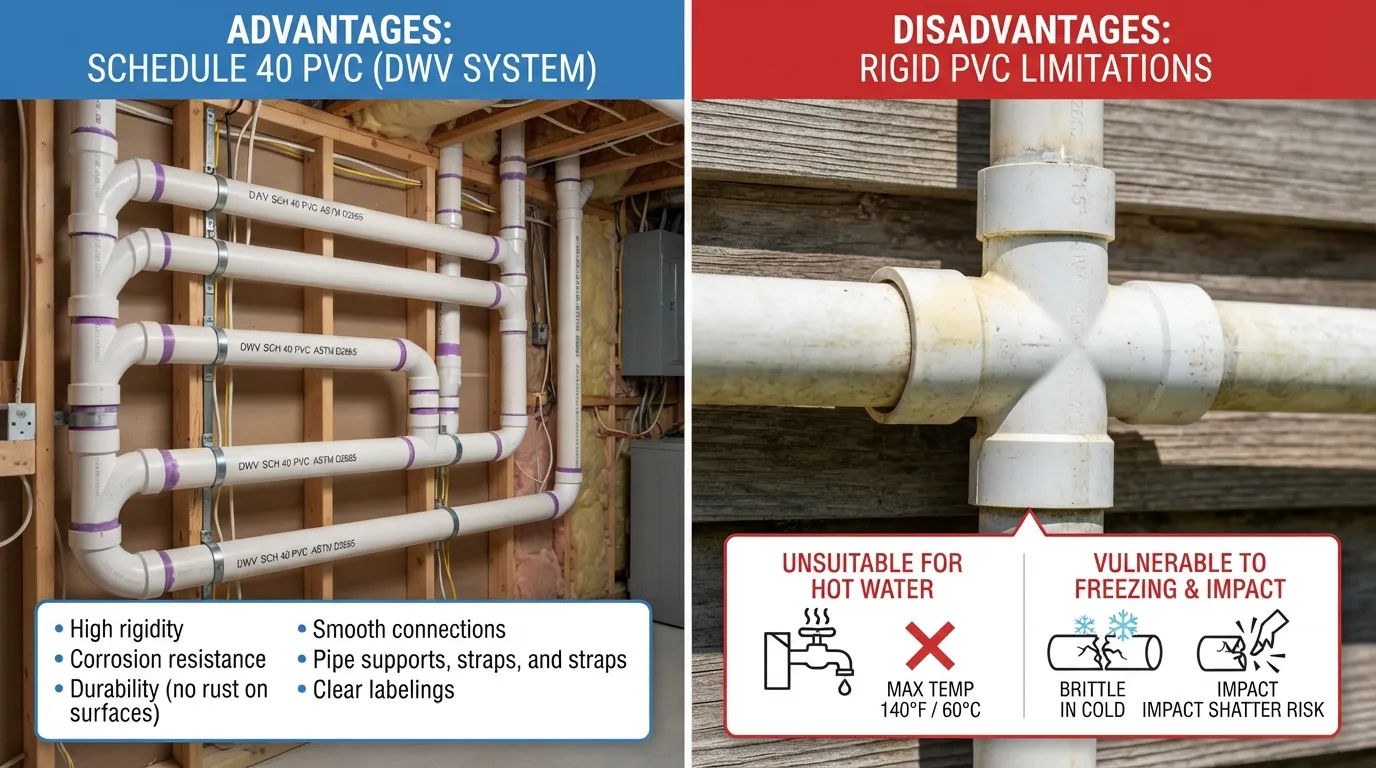 A comparison showing the advantages of rigid PVC pipes for drainage and their limitations regarding hot water and brittleness.