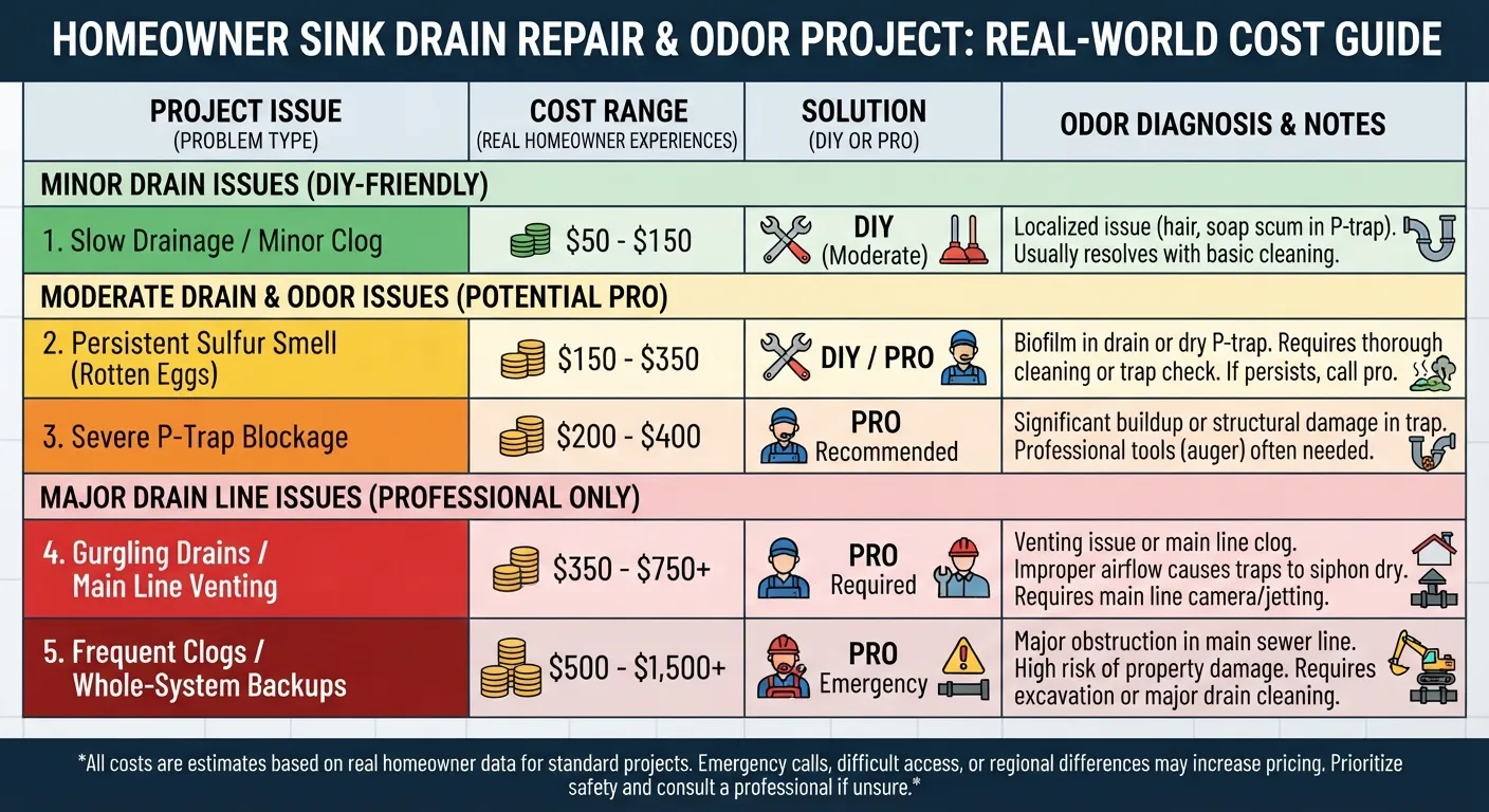 Table showing real homeowner experiences and what people actually paid for professional sink drain repairs and plumbing services