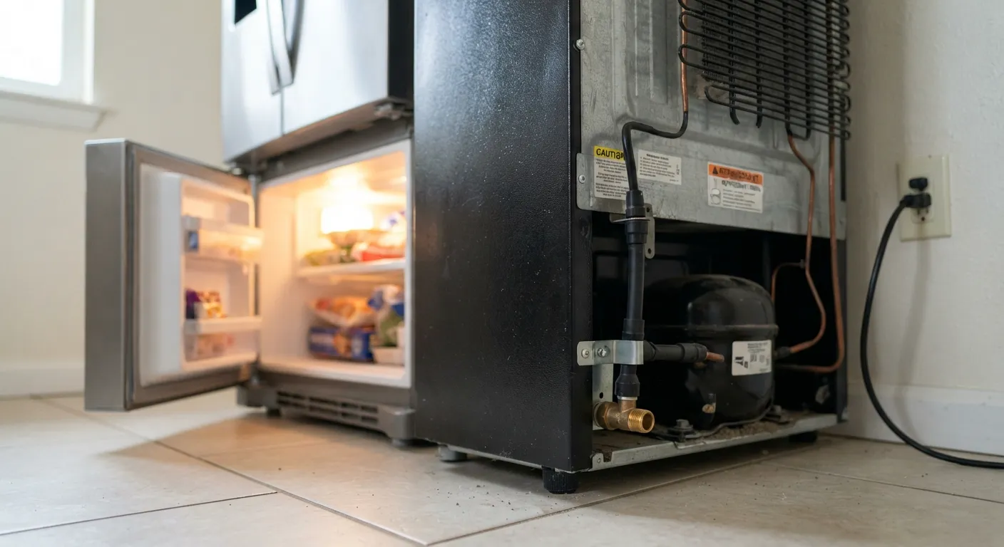 Rear view of a modern stainless-steel refrigerator installed in a kitchen with its power cord plugged in and the water supply inlet valve left completely disconnected.