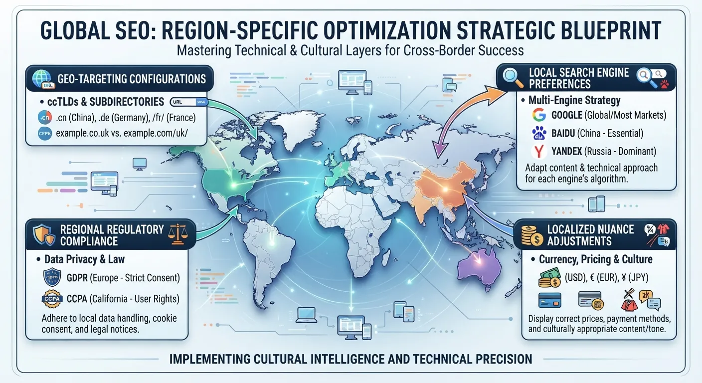 A detailed infographic and world map illustrating regional SEO considerations, local search compliance, language targeting, and international market analysis.