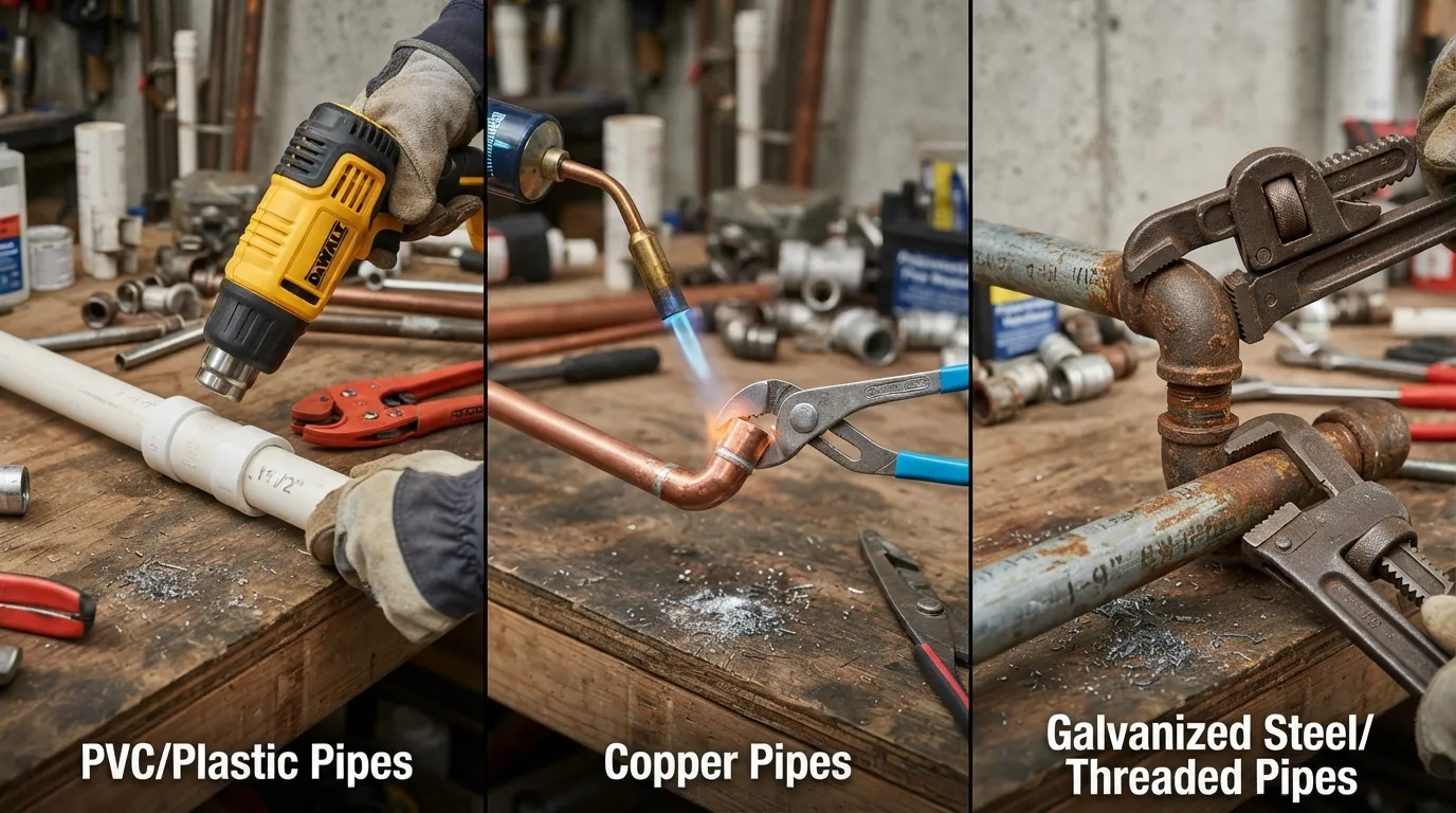 Close-up view of a plumber safely removing various fittings from copper, PVC, and galvanized steel pipes using specialized hand tools.