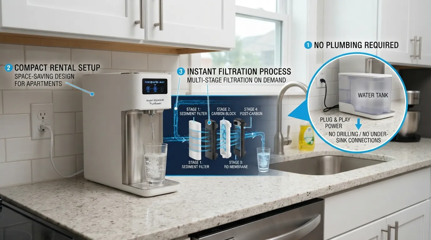 A portable countertop reverse osmosis water filtration system plugged into a kitchen outlet in a rental apartment without a built-in water line.