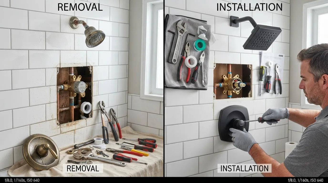 Step-by-step visual of replacing a shower head and handle together in a bathroom wall setup.
