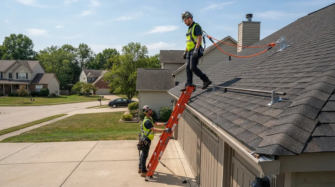 Worker wearing a safety harness and non-slip footwear climbing a properly secured extension ladder positioned safely against a residential roof.