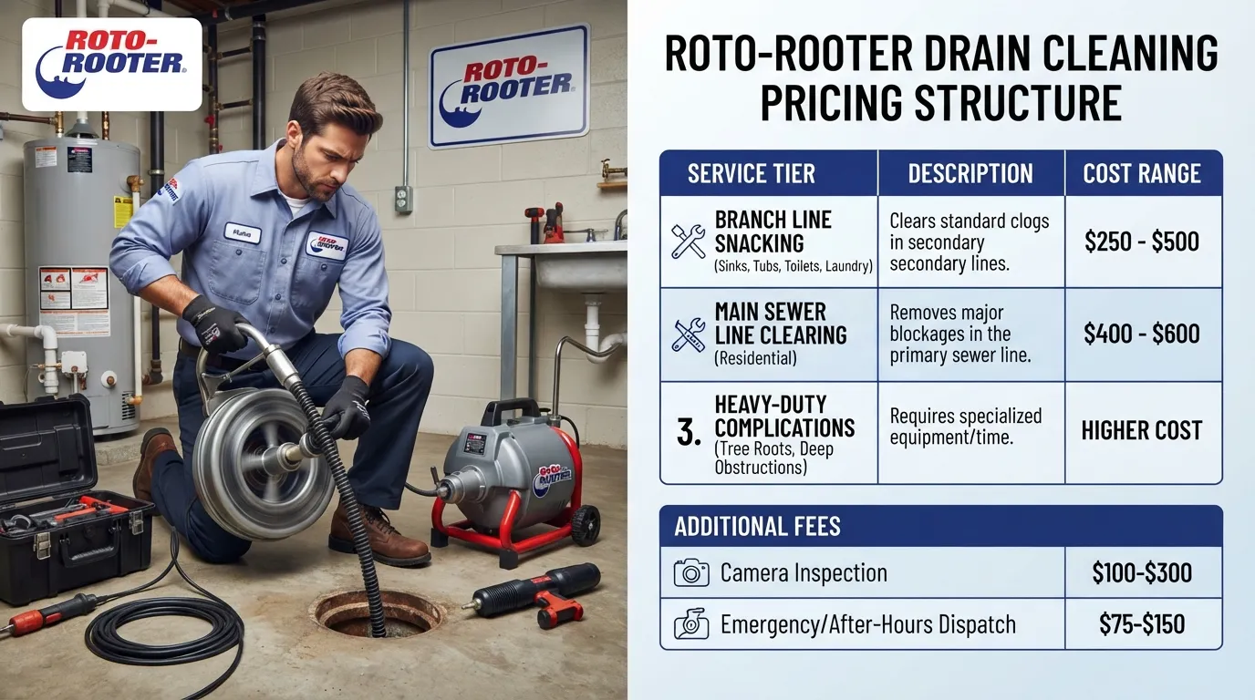 A professional plumber operating a motorized drain snake machine next to a price breakdown infographic showing average Roto-Rooter snaking costs.