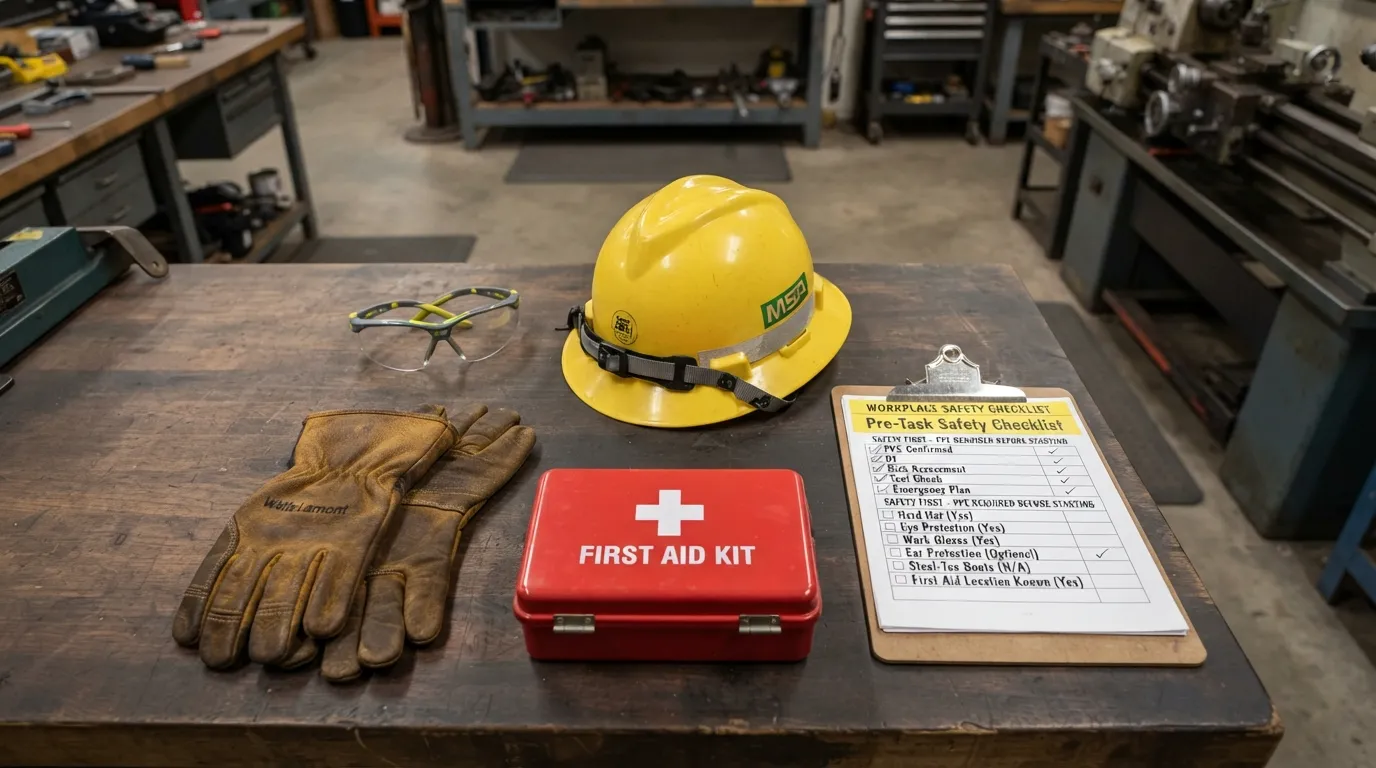 Flat lay of essential safety gear including protective goggles, work gloves, a hard hat, and a first-aid kit arranged neatly on a workbench.