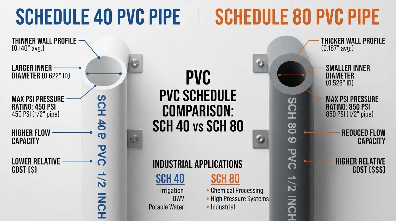 Side-by-side cross-section and price comparison of white Schedule 40 PVC pipe with thinner walls versus dark gray Schedule 80 PVC pipe with thicker walls and higher material cost.
