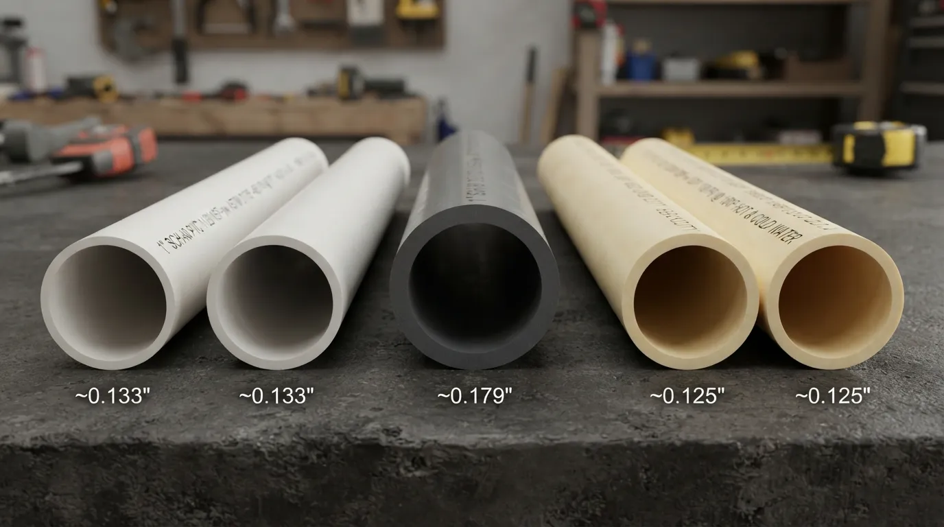 Side-by-side comparison of Schedule 40 PVC, Schedule 80 PVC, and CPVC pipes displaying differences in wall thickness, color, and material composition.