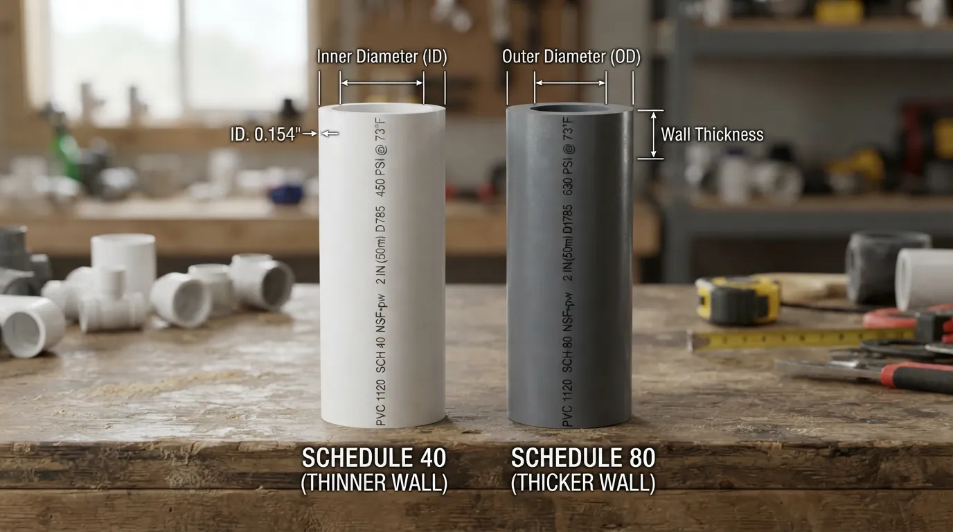 Side-by-side comparison of a thick-walled gray Schedule 80 PVC pipe and a standard white Schedule 40 PVC pipe highlighting differences in wall thickness and inner diameter.