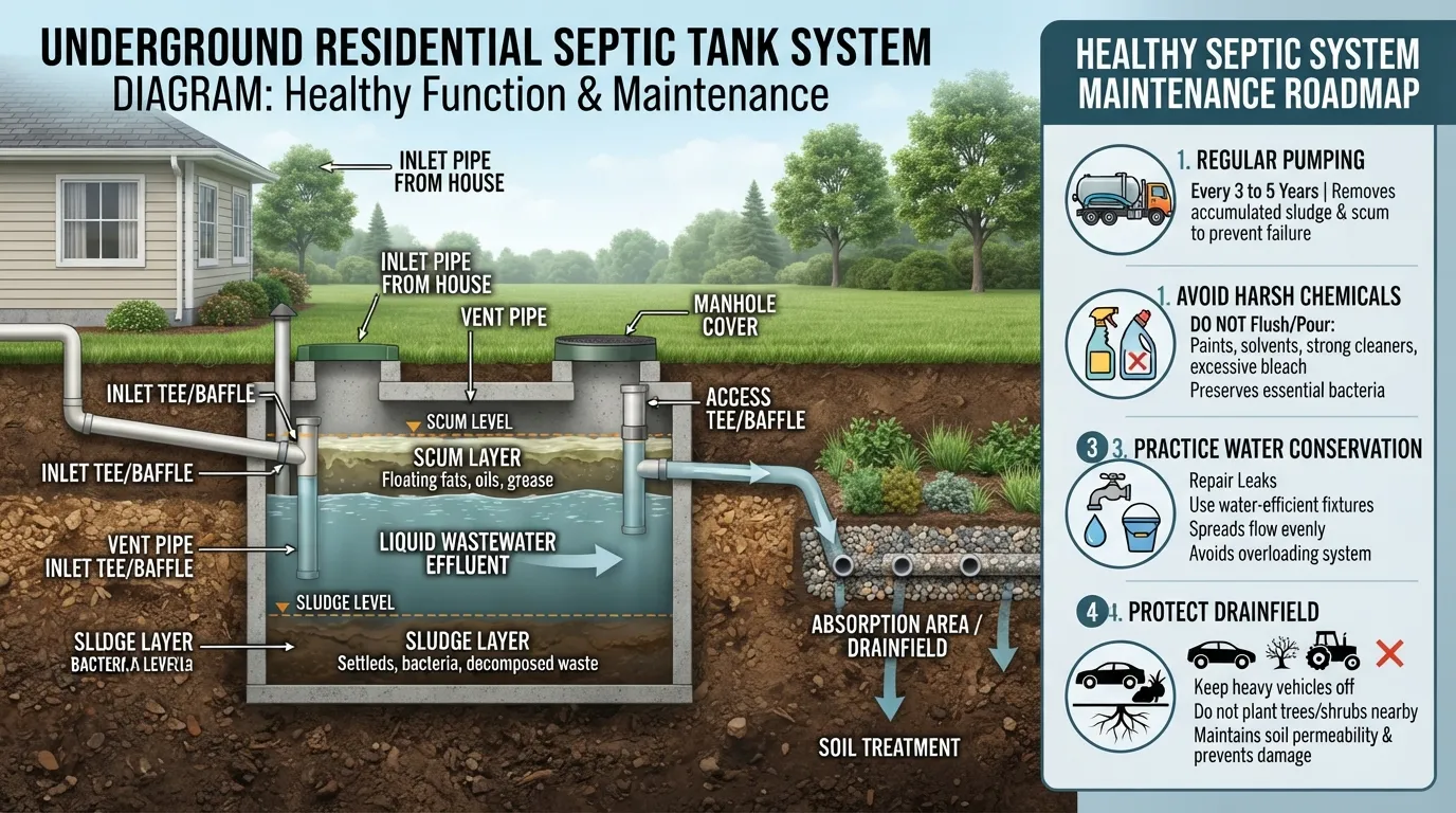 Cross-section diagram of a residential septic tank system highlighting key components like the inlet, outlet, sludge layer, and scum layer, with a maintenance checklist for longevity.