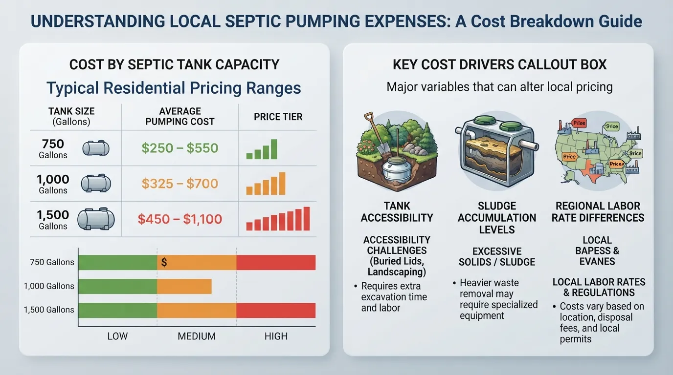 Infographic detailing average septic tank pumping costs by gallon capacity, including key pricing factors like tank size, accessibility, and local service rates.