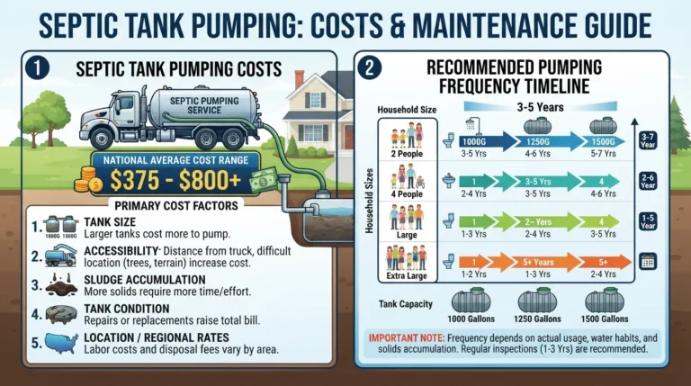 Infographic showing average septic tank pumping costs and recommended pumping frequency schedules based on household size and tank capacity.