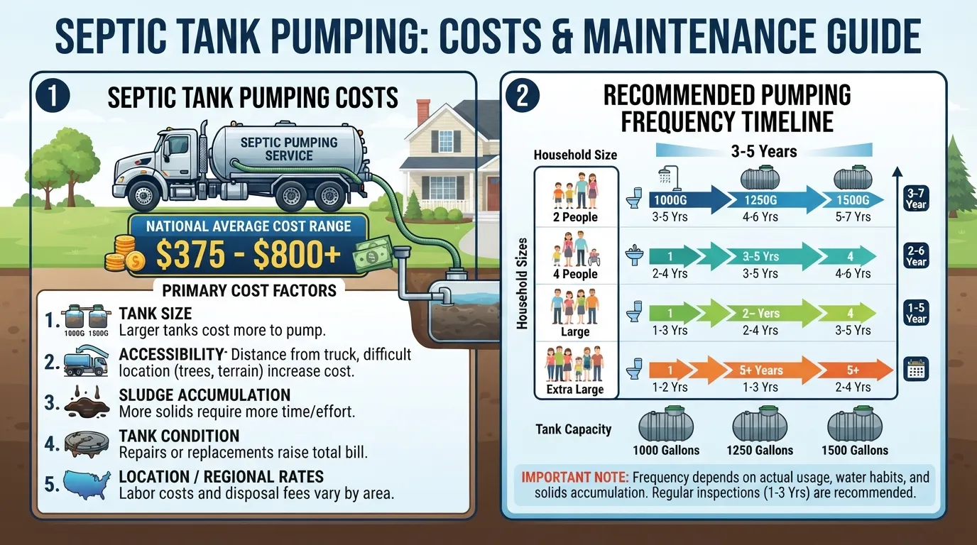 Infographic showing average septic tank pumping costs and recommended pumping frequency schedules based on household size and tank capacity.