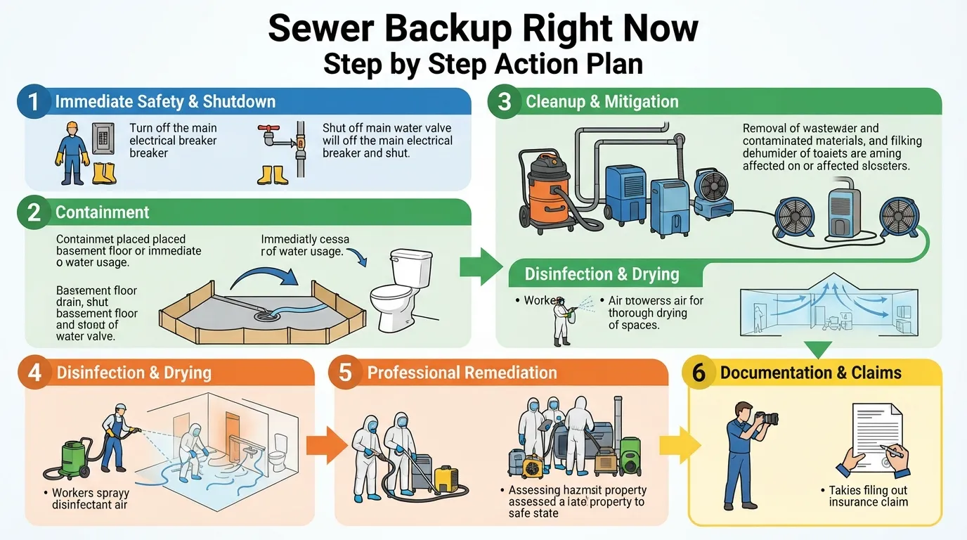 A comprehensive flowchart visually detailing the immediate steps to take during a sewer backup, including safety precautions, containment, professional remediation, and insurance claim processes.