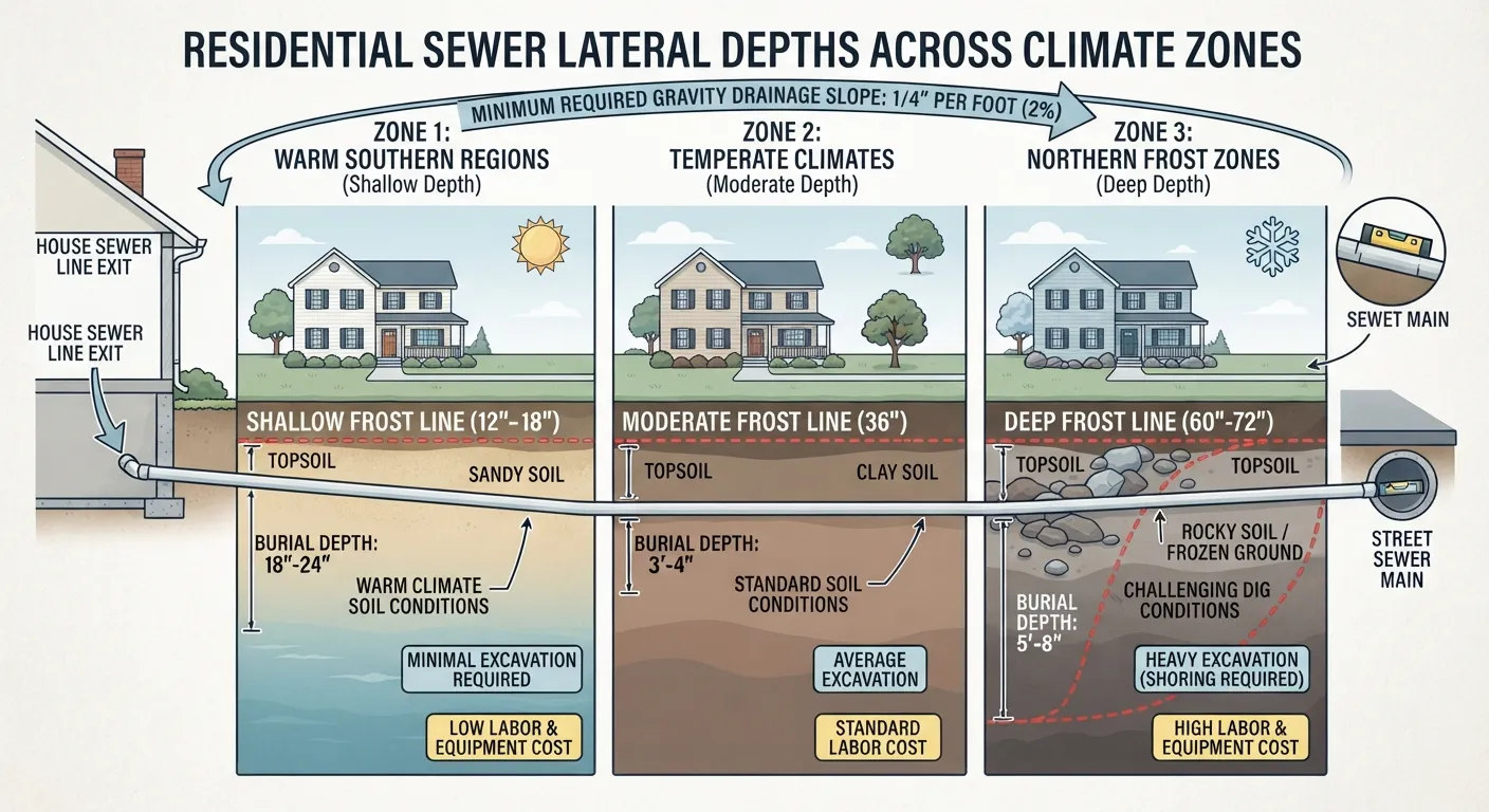 Cross-section diagram illustrating residential sewer line burial depth relative to ground level, soil layers, and regional frost lines.