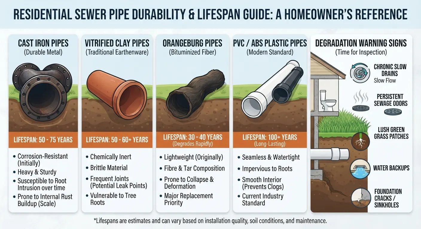 Infographic chart comparing the average lifespan of different sewer pipe materials including cast iron, vitrified clay, Orangeburg, and PVC plastic.