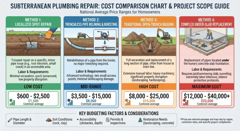 Infographic comparing sewer line repair versus replacement costs, showing price ranges for spot repairs, trenchless methods, and full excavation.