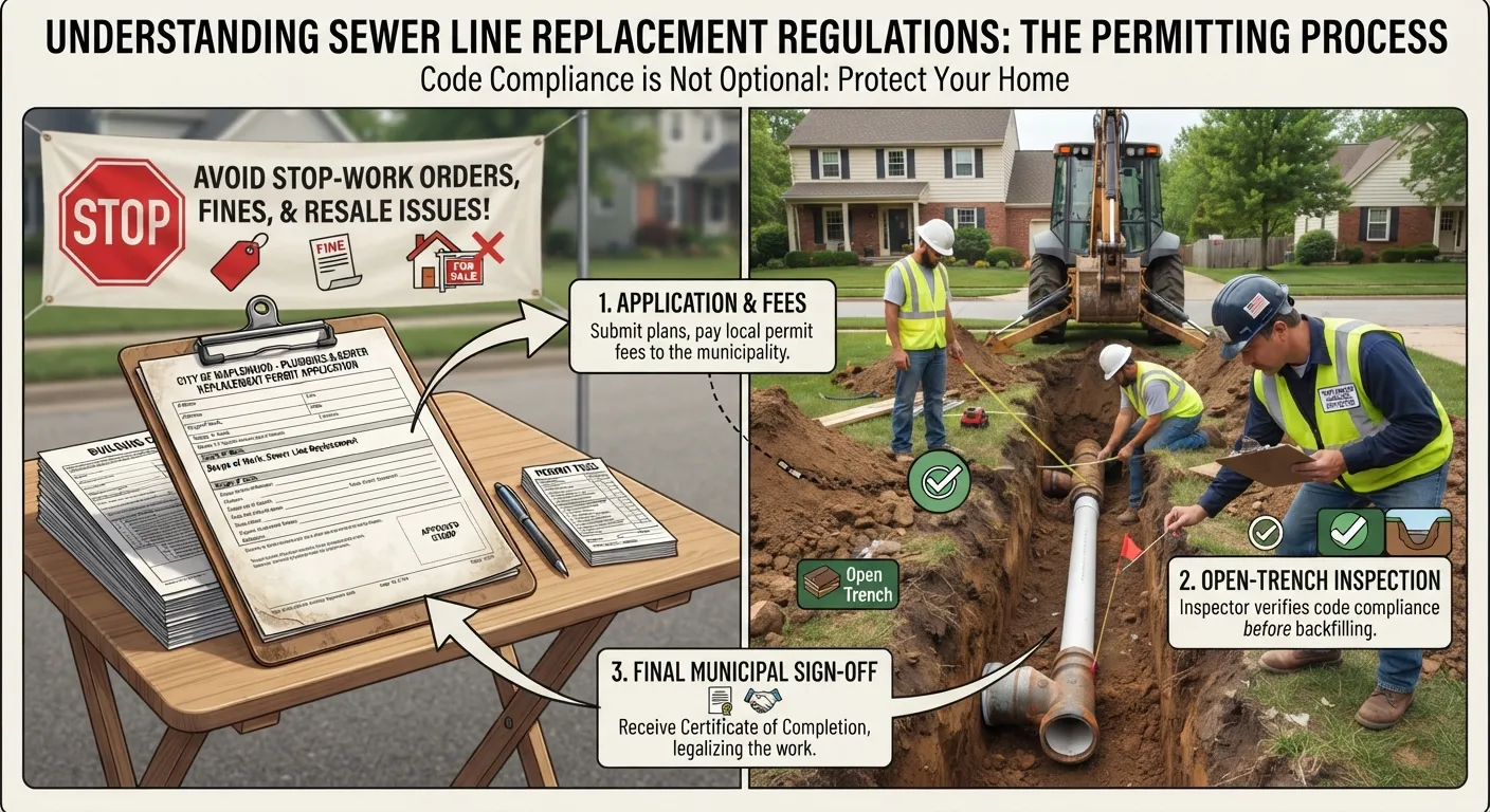 A local municipal plumbing permit document displayed next to a home sewer line excavation site, illustrating regulatory compliance.