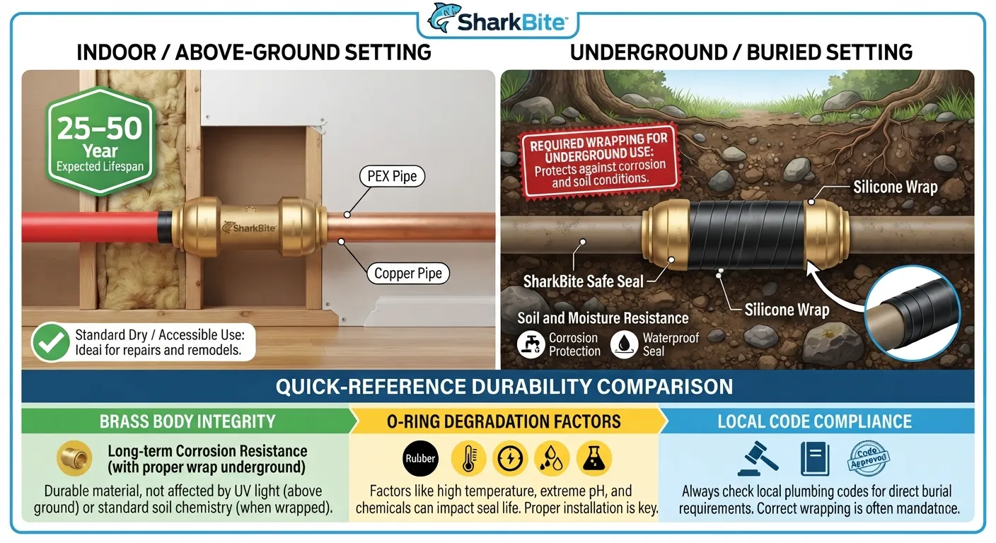 Cross-section diagram comparing SharkBite push-to-connect brass fitting longevity in-wall versus buried underground with lifespan estimates.