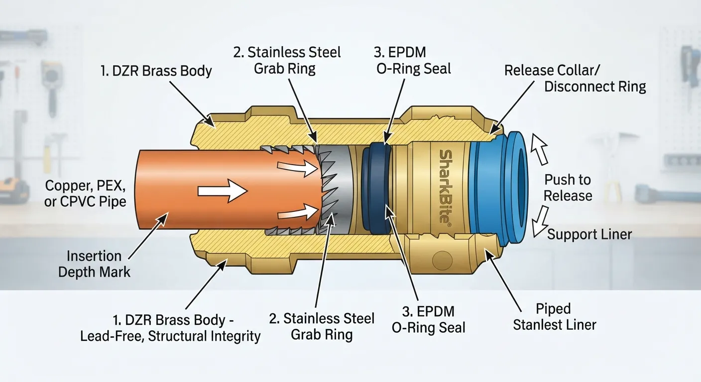 Cross-section diagram of a SharkBite push-to-connect plumbing fitting showing the brass body, stainless steel grab ring with teeth, and O-ring seal holding a copper pipe.