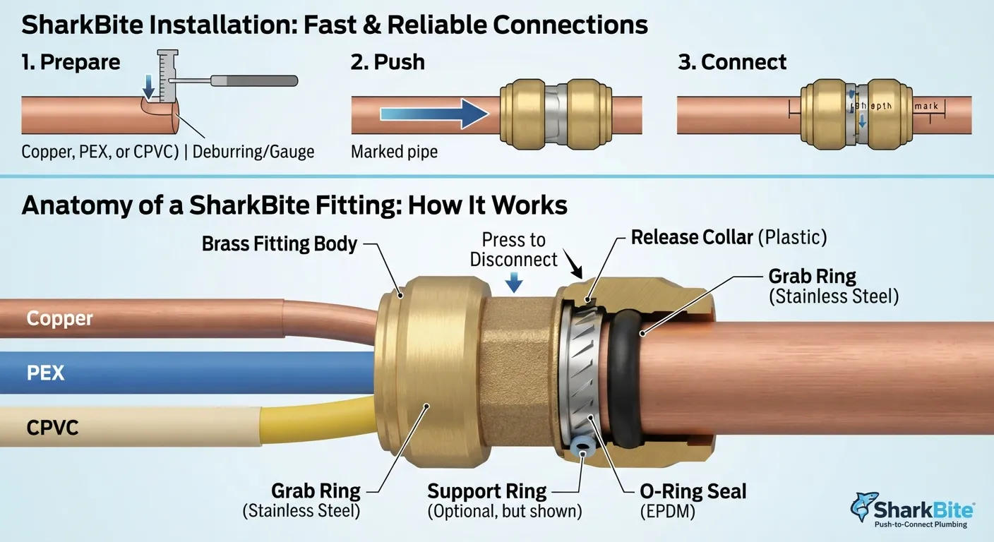 A close-up view of a professional plumber cleanly connecting a copper pipe into a brass SharkBite push-to-connect fitting without using special tools, solder, or glue.