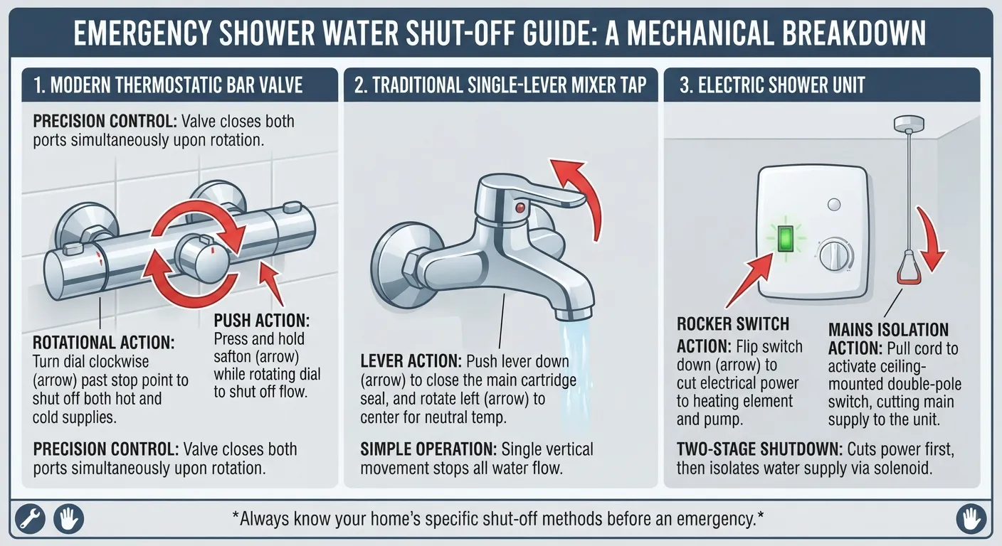 A close-up comparison of different shower valve handles showing how electric, mixer, and thermostatic showers have unique shut off mechanisms.