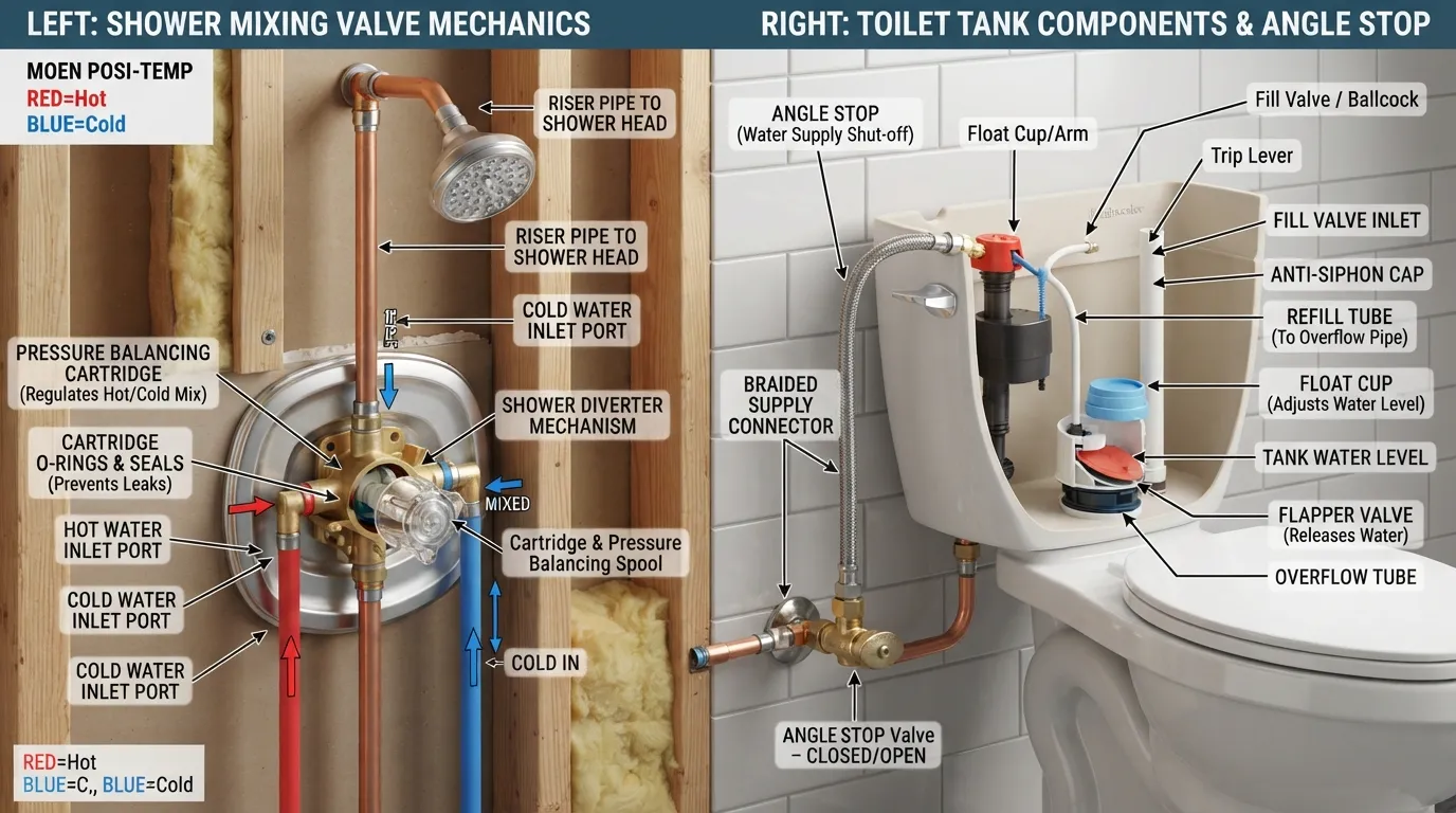 Plumber inspecting a bathroom shower mixing valve and a toilet fill valve during a diagnostic check