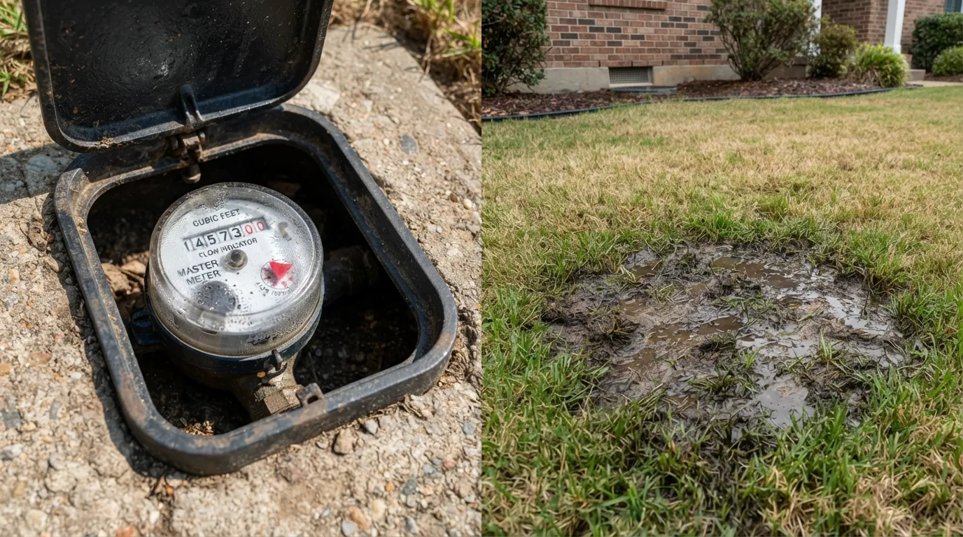 A residential water meter dial spinning alongside a soggy, waterlogged patch of grass, showing key physical signs of an underground water leak.