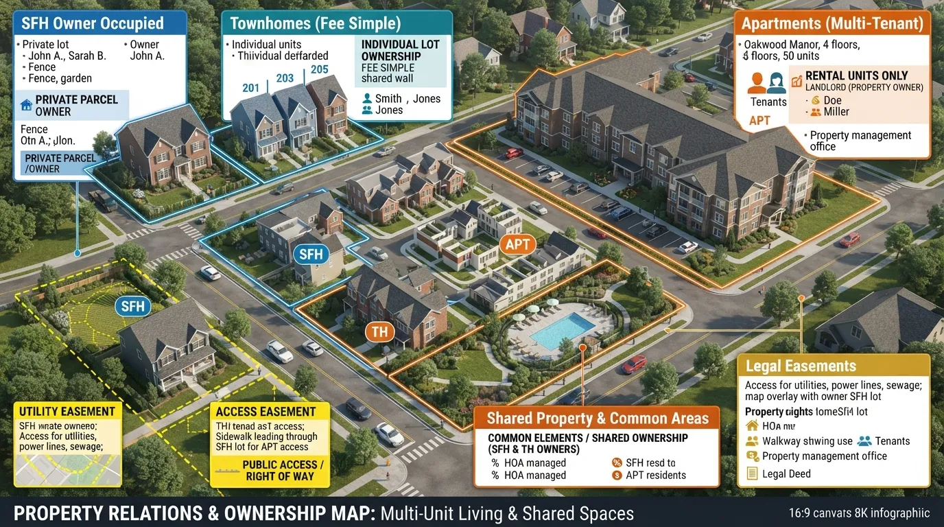 An overview illustrating property legal and spatial challenges involving townhomes, apartments, tenants, easements, and neighboring properties.