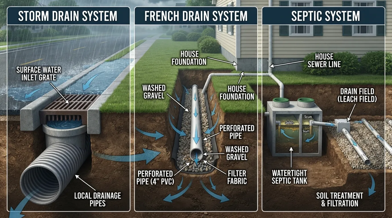 Comparative diagram and outdoor view of a storm drain grate, a French drain gravel trench, and a septic system tank cover to help homeowners tell them apart.