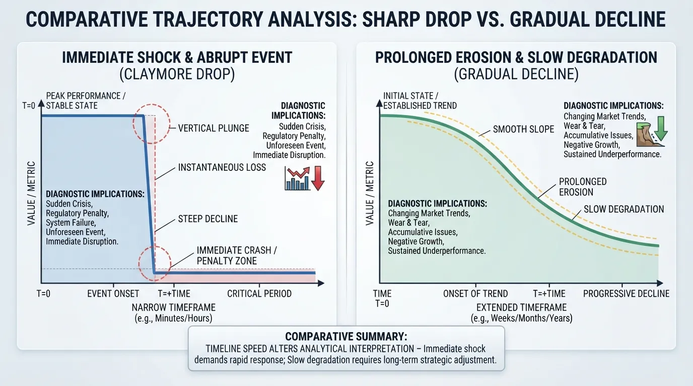 A comparative chart illustrating a sudden drop versus a gradual decline over a timeline, highlighting the visual differences in data drop-off speeds.