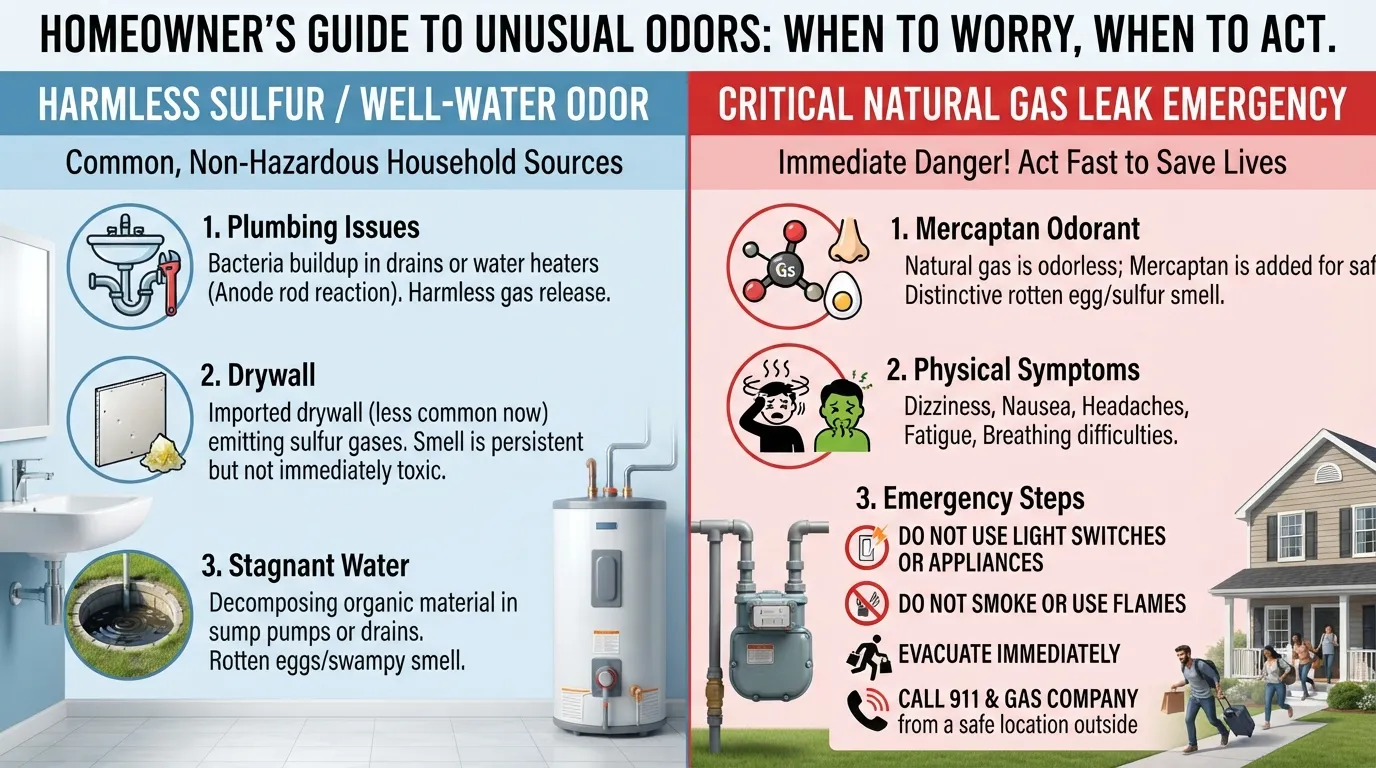 Infographic comparing the differences, safety risks, and characteristics of a sulfur smell versus a natural gas leak.