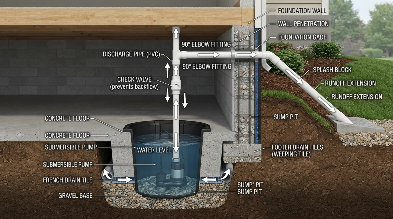 A detailed sump pump plumbing diagram showing the sump basin, submersible pump, check valve, and discharge pipes, illustrating exactly how each component connects to remove water.