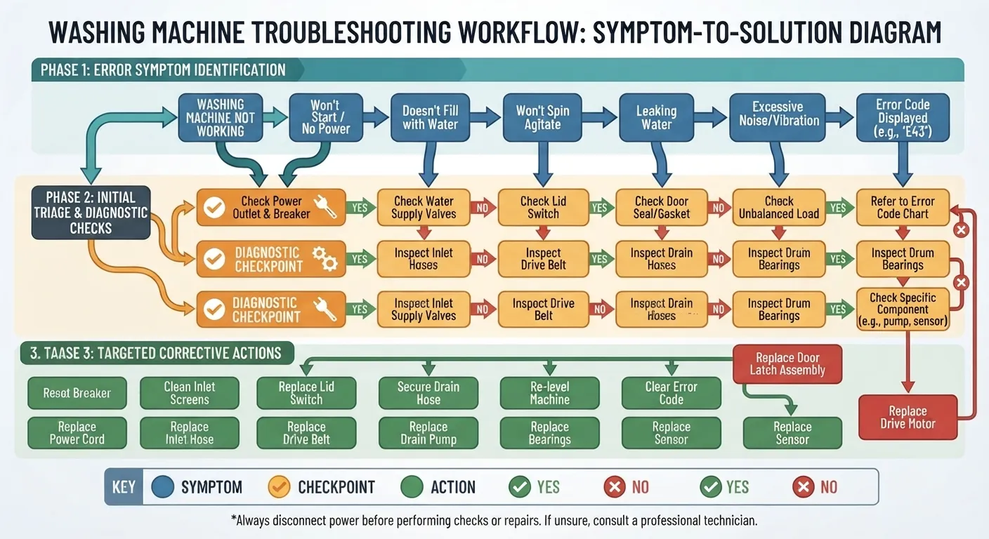 A structured flowchart and diagnostic table illustrating a symptom-based troubleshooting guide to identify and resolve technical errors.
